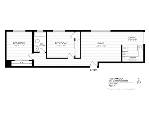 Floor plan for 2 beds, 1 bath, 700 sqft